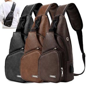 Men's Leather Sling Bag Chest Shoulder Pack with USB Charging Sport